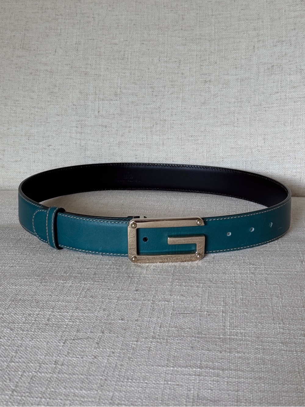 . Tom Ford Era Gucci Teal Green Leather Belt with Silver Metal G Buckle